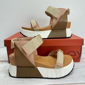 exe Olivia Wedge Platform Sandal in Nude/Camel/White Colorblock Leather NEW